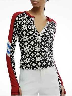 Free people Black & White Floral Henley with Red Sleeve Accents